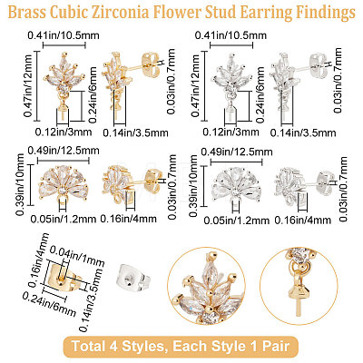 4 Pairs 4 Style Brass Cubic Zirconia Flower Stud Earring Findings EJEW-BBC0001-14-1