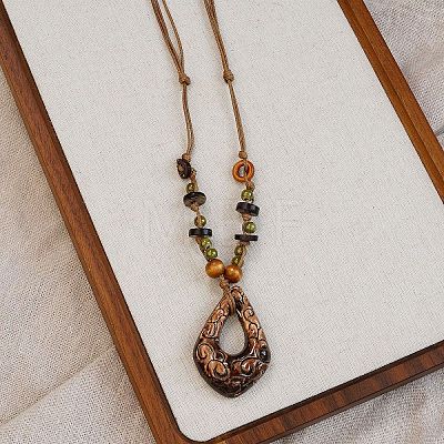 Adjustable Ethnic Handmade Porcelain & Wood Saddle Brown Pendant Waxed Cord Necklaces WG91B87-03-1