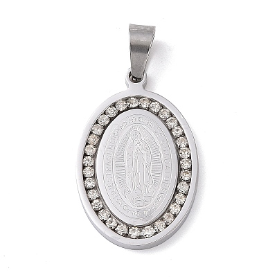304 Stainless Steel Crystal Rhinestone Flat Oval with Virgin Mary Holy Pendants STAS-E093-01-1