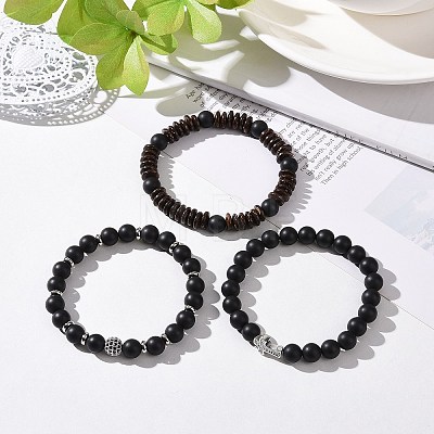 3Pcs Natural Black Agate(Dyed) and Coconut Beads Stretch Bracelets Set BJEW-JB08935-1