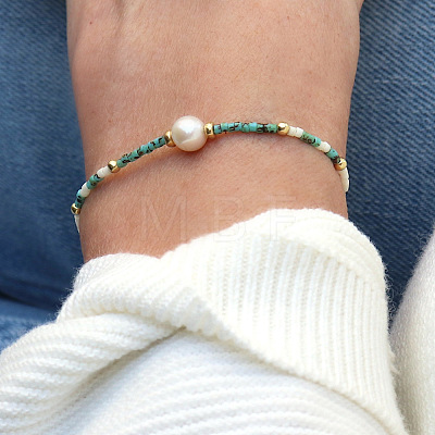 Natural Freshwater Pearl and Dyed Natural Howlite Rice Beaded Stretch Bracelets for Women PF0459-2-1