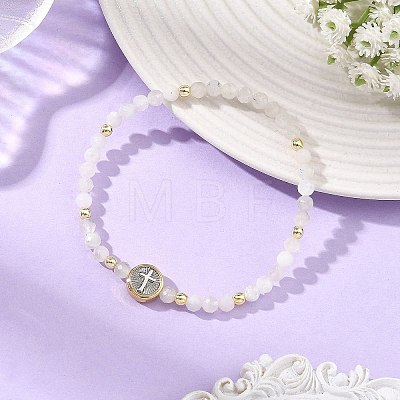 Religion Natural Mixed Gemstone Beaded Stretch Bracelets with Brass Flat Round with Cross Beads BJEW-JB14360-1