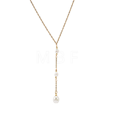 Adjustable Triple Faux Pearl Oval Tassel 304 Stainless Steel Lariat Y Necklaces for Women UT5440-1-1
