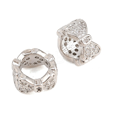 Bowknot Brass Clear Cubic Zirconia European Beads KK-B186-07P-1