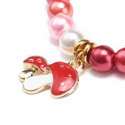 Red Glass Pearl Beaded Stretch Bracelet with Alloy Enamel Mushroom Charm for Women BJEW-JB08711-1