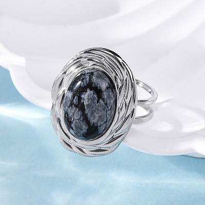 Oval Natural Snowflake Obsidian Finger Rings RJEW-M063-01P-17-1