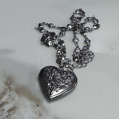 201 Stainless Steel Flower Embossed Heart Locket Pendant Necklaces FS-WG7690C-01-1