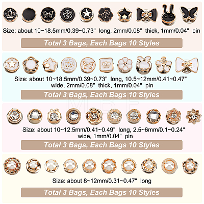  120Pcs 40 Style Half Round & Bowknot & Star & Flower Small Instant Buttons Brooch Pins DIY-NB0007-34-1