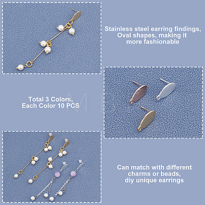 Unicraftale 30Pcs 3 Colors 304 Stainless Steel Stud Earring Findings STAS-UN0017-99-1