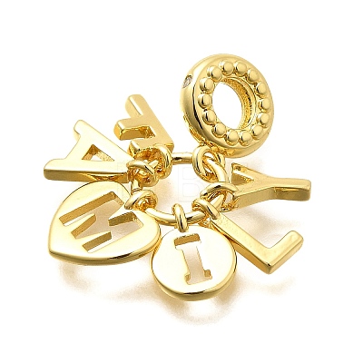 Brass Clear Cubic Zirconia Word FAMILY Heart European Dangle Charms X-KK-C087-14G-1