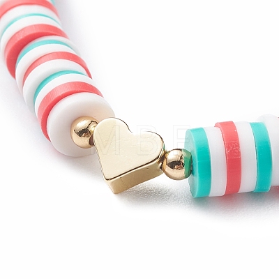 4Pcs 4 Style Handmade Polymer Clay Heishi Sunfer Stretch Bracelets Set with Brass Heart BJEW-TA00093-1