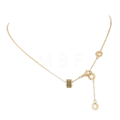 Brass Micro Pave Black Cubic Zirconia Column Bead and Love Disc Pendant Cable Chain Necklaces NJEW-JN05767-1