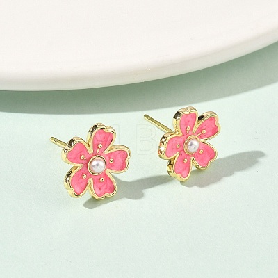 Flower Brass & ABS Plastic Pearl Stud Earrings EJEW-P336-07G-07-1