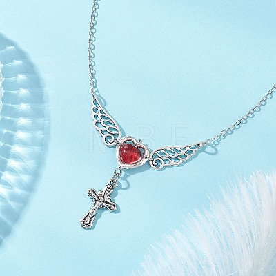 Brass Red Wing Heart with Cross Pendant Cable Chain Necklaces for Women NJEW-JN05909-1