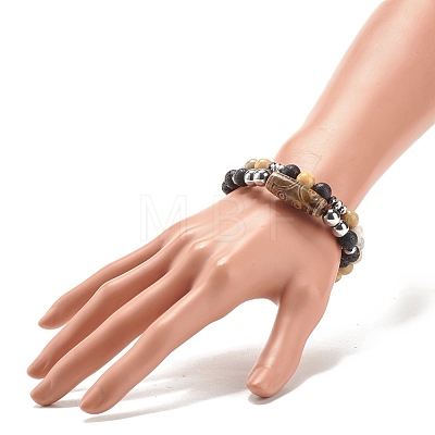 2Pcs 2 Style Mala Bead Bracelets Set with Tibetan Agate Dzi Beads BJEW-JB08020-03-1