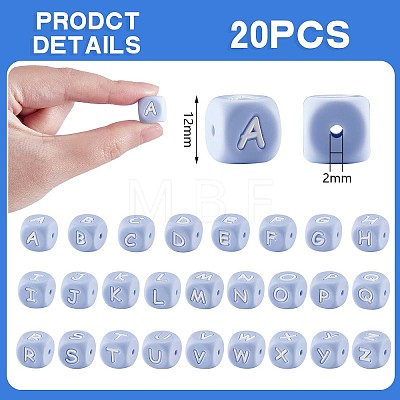 20Pcs Blue Cube Letter Silicone Beads 12x12x12mm Square Dice Alphabet Beads with 2mm Hole Spacer Loose Letter Beads for Bracelet Necklace Jewelry Making JX434W-1