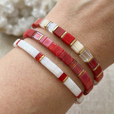 Handmade Red and White Glass Beaded Stretch Tile Bracelet Sets MA5695-1