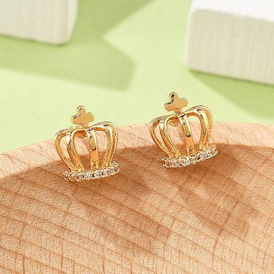 Crown Brass Micro Pave Clear Cubic Zirconia Stud Earrings for Women EJEW-G428-06G-1