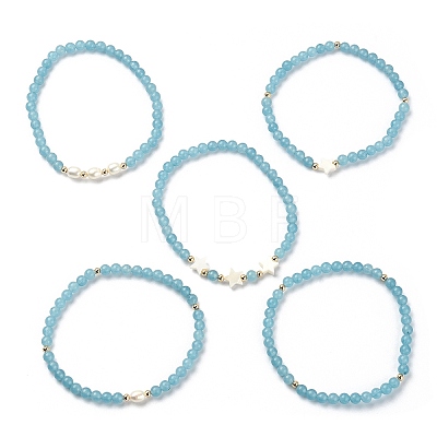 5Pcs 5 Style Natural Dyed White Jade & Pearl & Shell Star Beaded Stretch Bracelets Set BJEW-JB09495-05-1