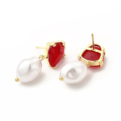 Teardrop Rack Plating Brass Glass Dangle Stud Earrings for Women EJEW-H091-30G-1