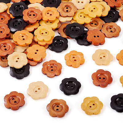 90Pcs 6 Colors 2-Hole Wood Flower Buttons BUTT-TA0001-40D-1
