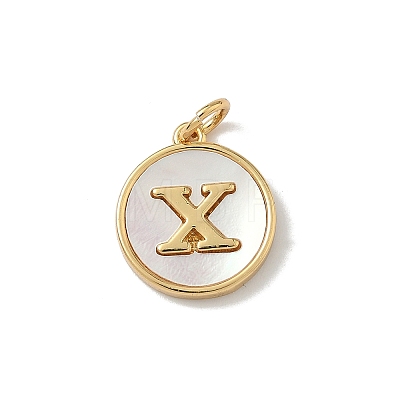 Brass Pave Natural Shell Flat Round with Letter Charms KK-Z115-13G-X-1