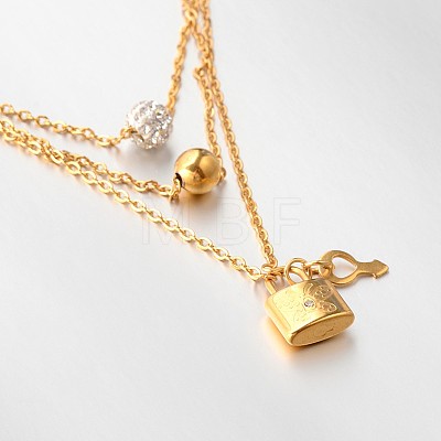 304 Stainless Steel Crystal Rhinestone Ball Ear Studs and 3-Layer Lock Pendant Necklaces Jewelry Sets SJEW-L386-01-1