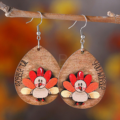 Turkey Pattern Wood Dangle Earrings FS-WGDB545-02-1