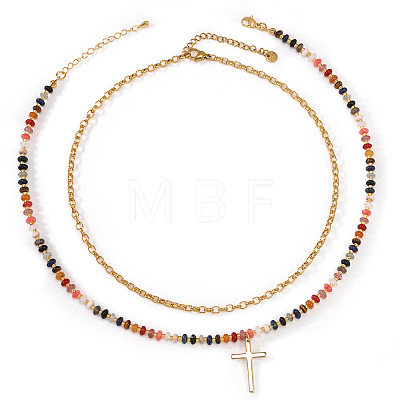 Natural Mixed Stone and Glass Beaded Stainless Steel Cross Pendant Double Layer Necklaces for Women GY4764-1-1