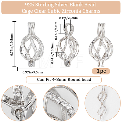 Beebeecraft 1Pc Rhodium Plated 925 Sterling Silver Empty Bead Cage Pendants STER-BBC0005-69B-1