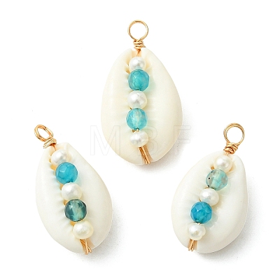 Faceted Round Natural Agate(Dyed & Heated) & Pearl Copper Wire Wrapped Pendants PALLOY-JF05538-1