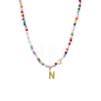 Colorful Beaded Heart Letter Necklace with Pearl Elements Stainless Steel Pendant Jewelry TR2146-14-1