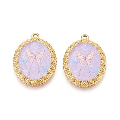 Vintage Printed Style 304 Stainless Steel Oval with Butterfly Pendants STAS-T071-29A-G-1