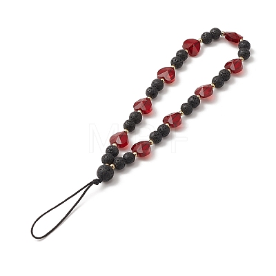 Round Natural Lava Rock & Heart Glass Beaded Mobile Straps HJEW-TA00027-1