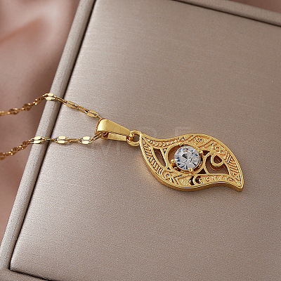 Vintage 304 Stainless Steel Glass Hollow Leaf Pendant Necklaces for Women Men MX3946-1