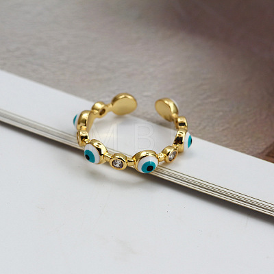 Flat Round with Evil Eye Brass Micro Pave Clear Cubic Zirconia with Enamel Cuff Rings FS-WG1191A-01-1
