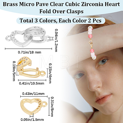CREATCABIN 6Pcs 3 Colors Brass Micro Pave Clear Cubic Zirconia Fold Over Clasps KK-CN0002-86-1