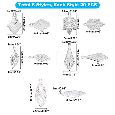 Unicraftale 100Pcs 5 Styles 304 Stainless Steel Pendants STAS-UN0021-26P-1