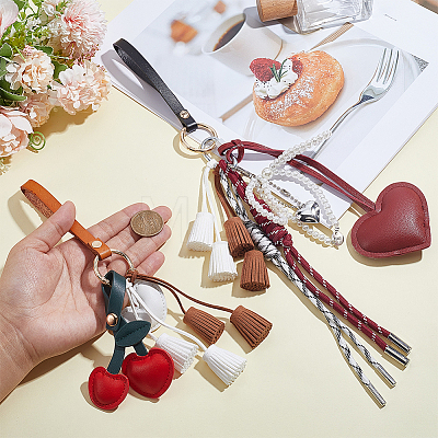 2Pcs 2 Styles Imitation Leather & Faux Suede Tassel & Plastic Pearl Heart Cherry Bowknot Pendant Keychains HJEW-GA00082-1