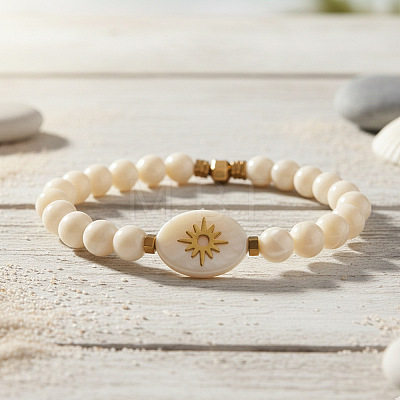 Round Natural Shell & Synthetic Non-magnetic Iron Hematite Beads Stretch Bracelets RD2140-1