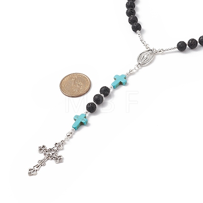 Natural Lava Rock & Synthetic Green Turquoise Rosary Bead Necklace NJEW-TA00041-02-1