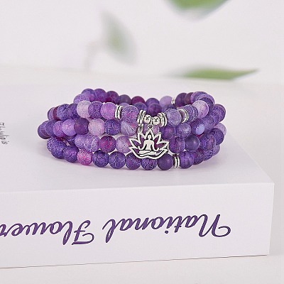 Natural Weathered Agate Round Beaded Wrap Bracelet with Alloy Ohm/Aum Lotus AJEW-PH00503-01-1