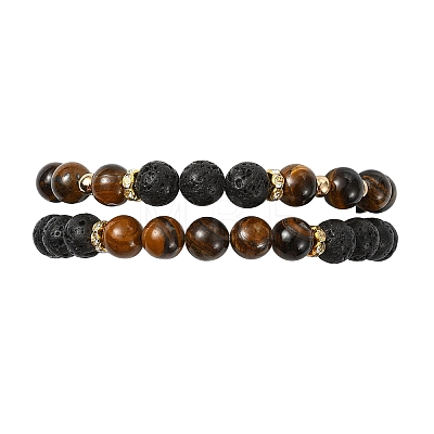 Adjustable Natural Tiger Eye and Natural Lava Rock Stretch Bracelets BJEW-JB14150-02-1