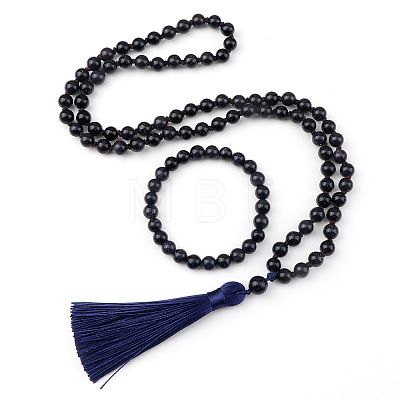 Synthetic Blue Goldstone Round Beaded Pendant Necklaces & Bracelets Sets FS-WG9D102-25-1