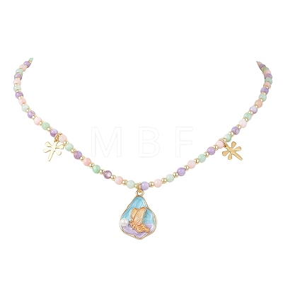 Natural Shell Bead & 304 Stainless Steel Dragonfly &
Alloy Enamel Teardrop with Butterfly Pattern Pendant Necklace & Charm Bracelets Sets SJEW-JS01376-1