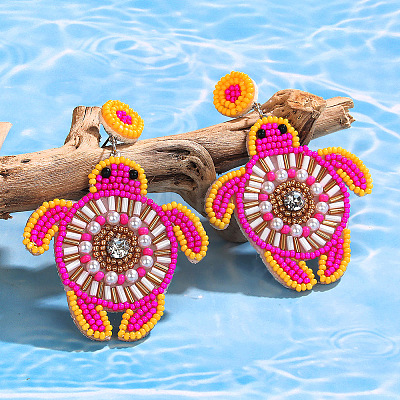 Bohemian Glass Seed Beaded & Non-woven Fabrics Dangle Stud Earrings FS-WG810D5-02-1