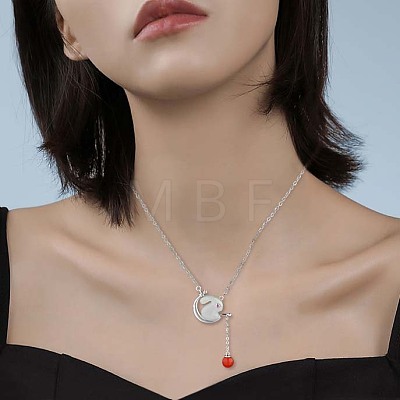 Natural Hetian White Jade Bunny with Lantern Tassel Pendant Necklace JN1081A-1