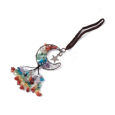 Natural Mixed Gemstone Moon with Chips Tassel Pendant Decorations G-L524-07R-A04-1
