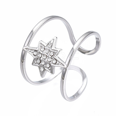 304 Stainless Steel Star Open Cuff Ring with Rhinestone RJEW-T023-89P-1
