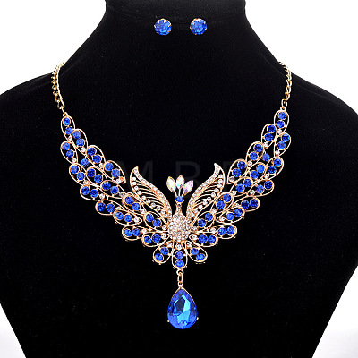 Alloy Rhinestone Hollow Peacock Bib Necklace & Stud Earrings Sets WGD829A-02-1